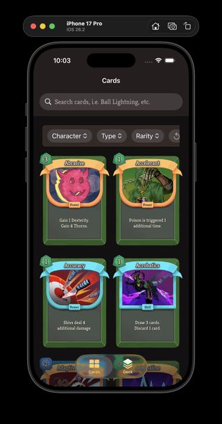 Neow's Cafe card catalog using the dark theme