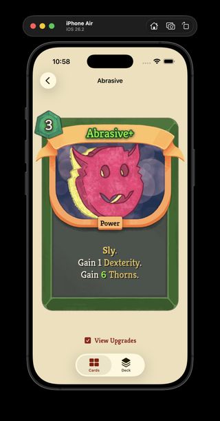 Neow's Cafe upgraded card detail showing colored description values