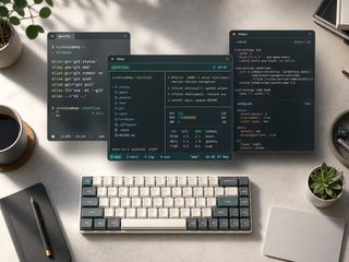 Generated overhead shot of a desk with three terminal windows showing Ghostty git aliases, tmux with folder listing and btop stats, and Emacs with elisp and YAML config