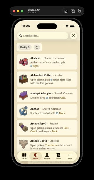 Neow's Cafe relics list showing parsed relics with search and colored character runs