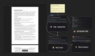 Maestri canvas showing a two-page resume preview beside Writer and Reviewer agent terminals and a generator terminal
