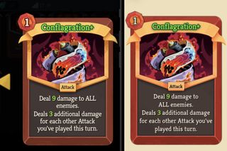 Side-by-side comparison of the Conflagration+ card in Slay the Spire and the ProjectSpire app, with the app rendering appearing cleaner