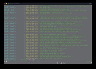 Terminal output from running git-activity recursively in the projects folder, matching feat entries and excluding chore entries