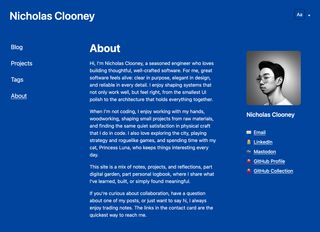 Screenshot of Nicholas Clooney’s digital garden about page in the blue theme