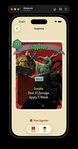 Neow's Cafe detailed card view showing Supress with its upgraded values