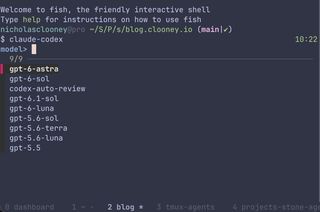 Running claude-codex in a terminal shows an fzf model picker with gpt-6-astra at the top, followed by gpt-6-sol, gpt-6-luna and gpt-5.6 models