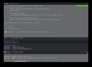 A terminal window split vertically into a 70/20/10 stack: Codex on top, Magit in the middle, npm dev server at the bottom