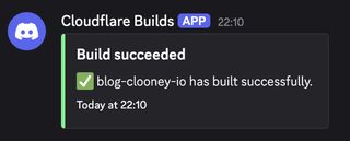 Discord showing a Cloudflare Builds webhook message with a successful build embed